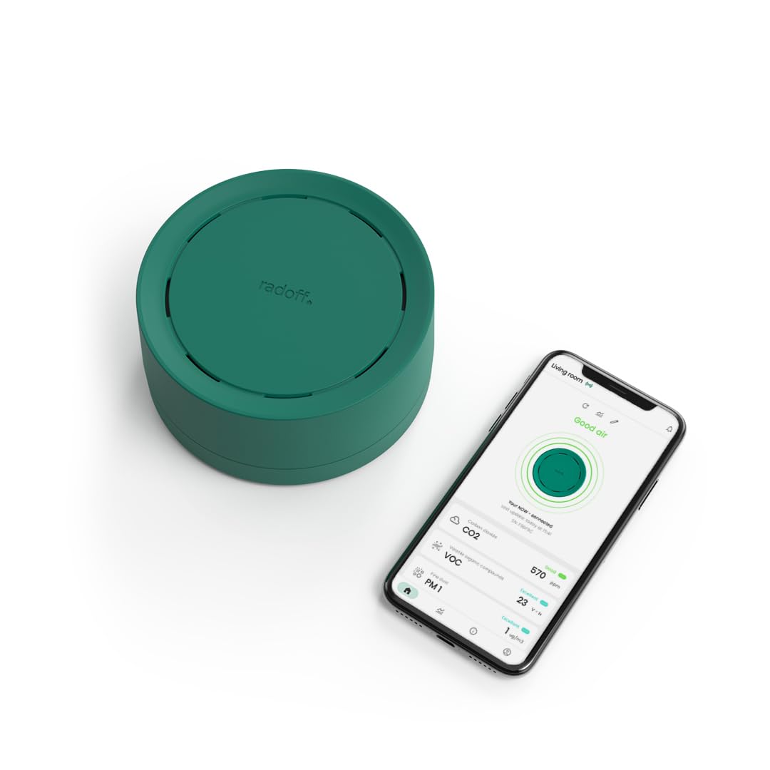 Radoff Now Medidor Calidad Aire - Detector CO2, COV, PM | Sensor Temperatura, Humedad, Presión | Compatible Alexa | Accesorios Smart Home Wifi