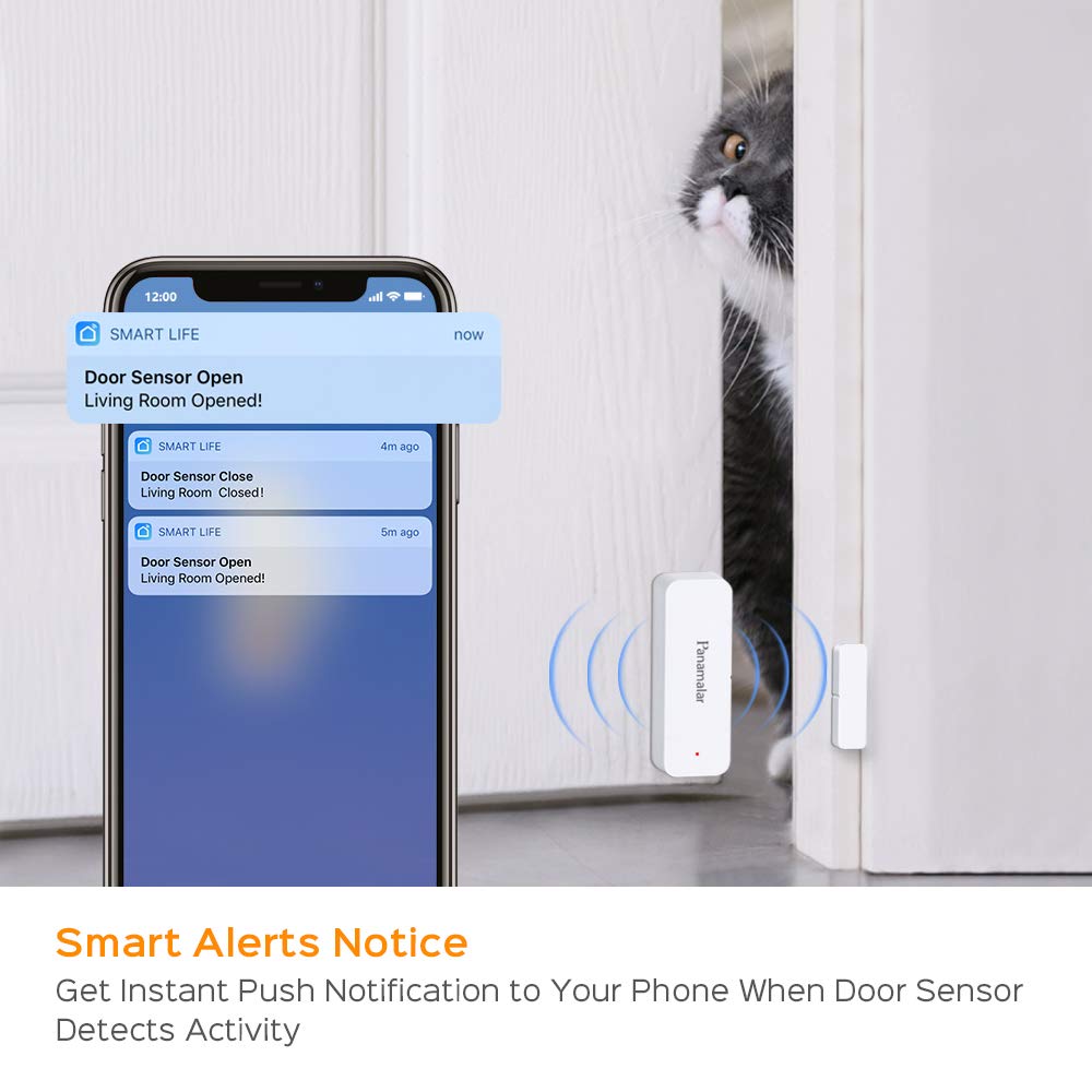 Panamalar Sensor WiFi Puerta y Ventana, Detección Inteligente Abierta/Cerrada, Alertas Móviles, Compatible Alexa y Google Home, Accesorios Domótica