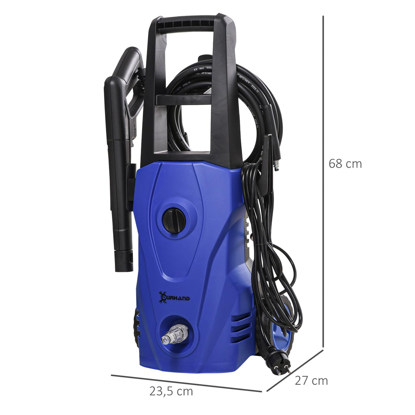 DURHAND Hidrolimpiadora Lavadora de Alta Presión 1600W, Caudal 432 L/h, Bomba de Aluminio, Presión de 130 Bar, Manguera de 6 m, Incluye Botella de Jabón y Boquilla Cepillo, Azul, 23.5x27x68 cm