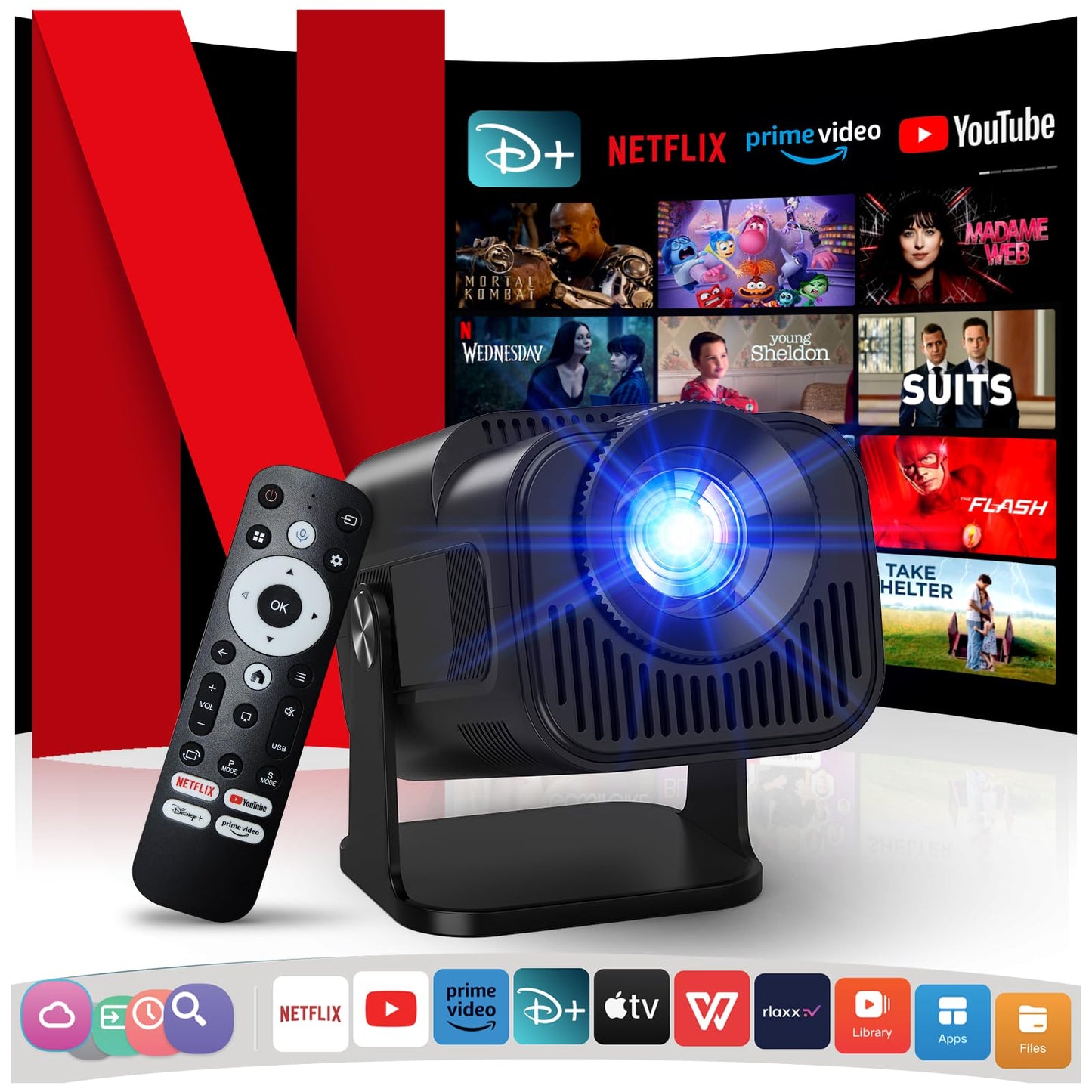 Proyector Portátil 1080P Nativo con WiFi y Bluetooth, Netflix Oficial y Dolby Audio Integrados, Mini Smart Home Outdoor, Compatible con YouTube, Prime Video, Disney+ - Color Negro
