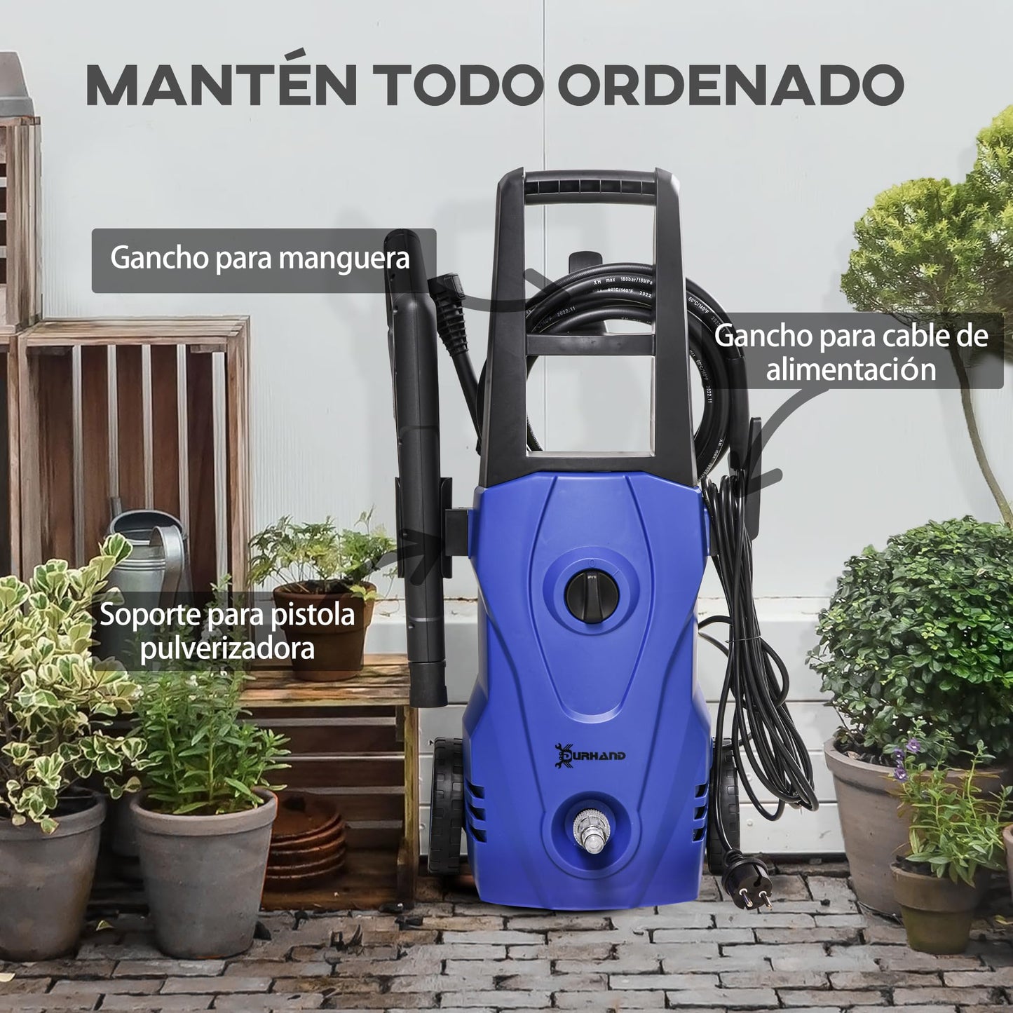 DURHAND Hidrolimpiadora Lavadora de Alta Presión 1600W, Caudal 432 L/h, Bomba de Aluminio, Presión de 130 Bar, Manguera de 6 m, Incluye Botella de Jabón y Boquilla Cepillo, Azul, 23.5x27x68 cm