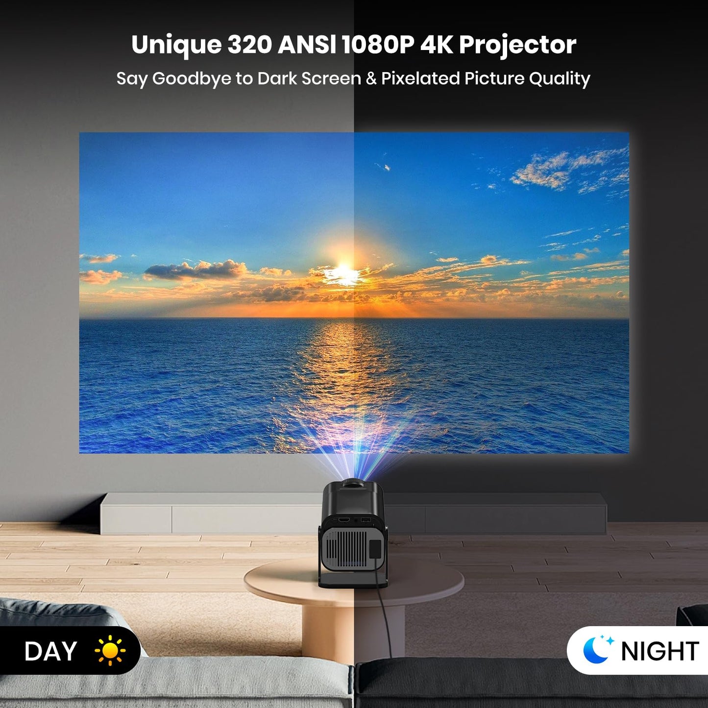 Proyector Portátil 1080P Nativo con WiFi y Bluetooth, Netflix Oficial y Dolby Audio Integrados, Mini Smart Home Outdoor, Compatible con YouTube, Prime Video, Disney+ - Color Negro