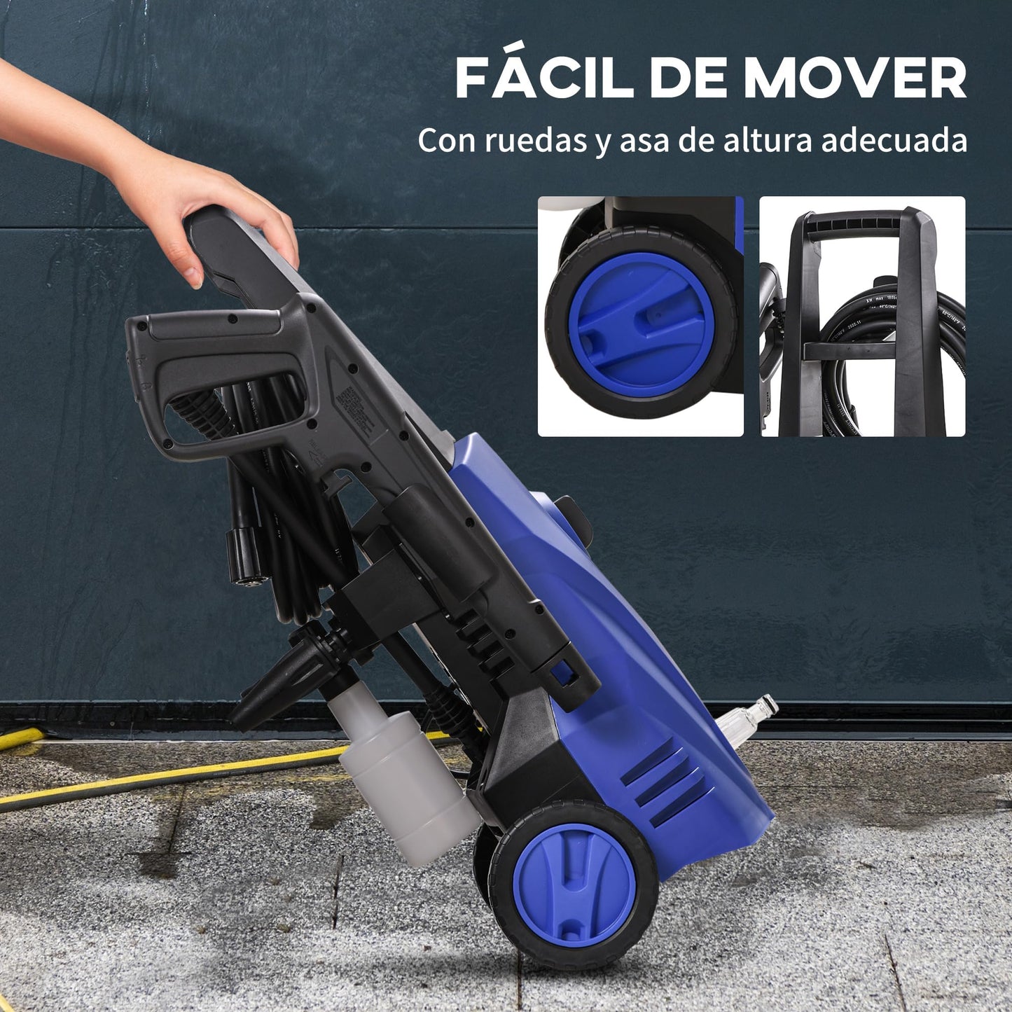 DURHAND Hidrolimpiadora Lavadora de Alta Presión 1600W, Caudal 432 L/h, Bomba de Aluminio, Presión de 130 Bar, Manguera de 6 m, Incluye Botella de Jabón y Boquilla Cepillo, Azul, 23.5x27x68 cm