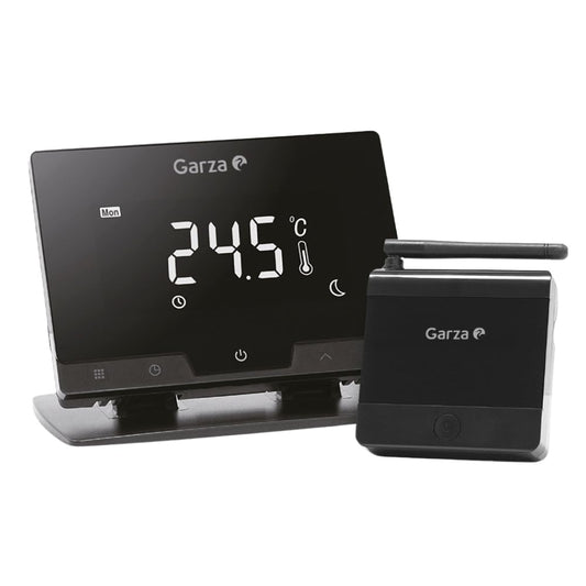 Garza Smart - Termostato Inalámbrico WiFi Inteligente Programable para Caldera y Calefacción, Pantalla Táctil, Control Remoto por App y Voz Alexa/Google, 2.4GHz, Color Negro