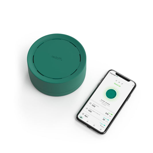 Radoff Now Medidor Calidad Aire - Detector CO2, COV, PM | Sensor Temperatura, Humedad, Presión | Compatible Alexa | Accesorios Smart Home Wifi