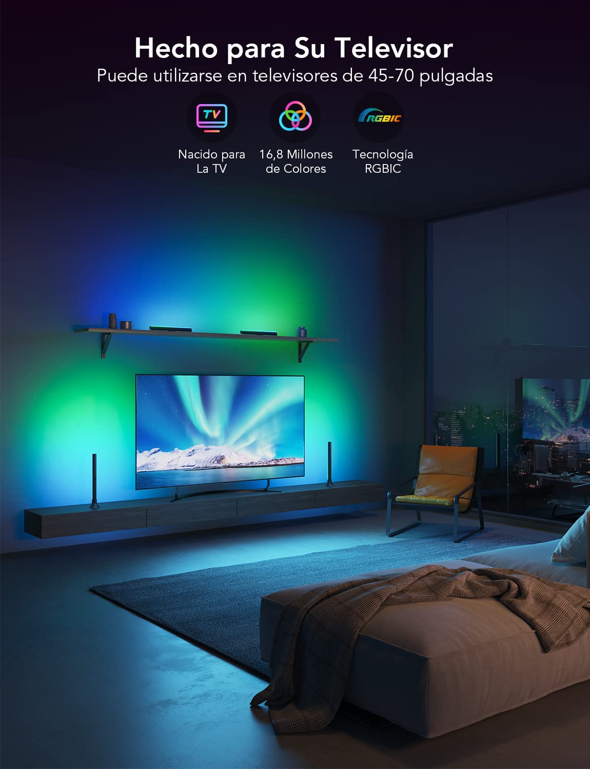 Govee RGBIC Barras de Luz, 38cm con Dobles Perlas de Luz WiFi Inteligente con Múltiples Opciones de Colocación para TV de 45-70 Pulgadas, Funcionan con Alexa y Google Assistant, Color Negro