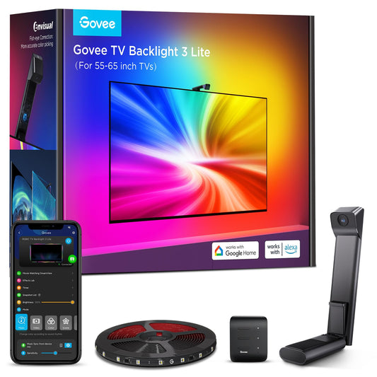 Govee TV Backlight 3 Lite, 3.6m Retroiluminación LED RGBICW 4 en 1 con Corrección Ojo de Pez, WiFi, Compatible con Alexa y Control por App, para TVs 55-65 pulgadas