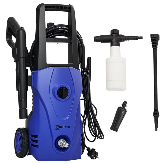 DURHAND Hidrolimpiadora Lavadora de Alta Presión 1600W, Caudal 432 L/h, Bomba de Aluminio, Presión de 130 Bar, Manguera de 6 m, Incluye Botella de Jabón y Boquilla Cepillo, Azul, 23.5x27x68 cm